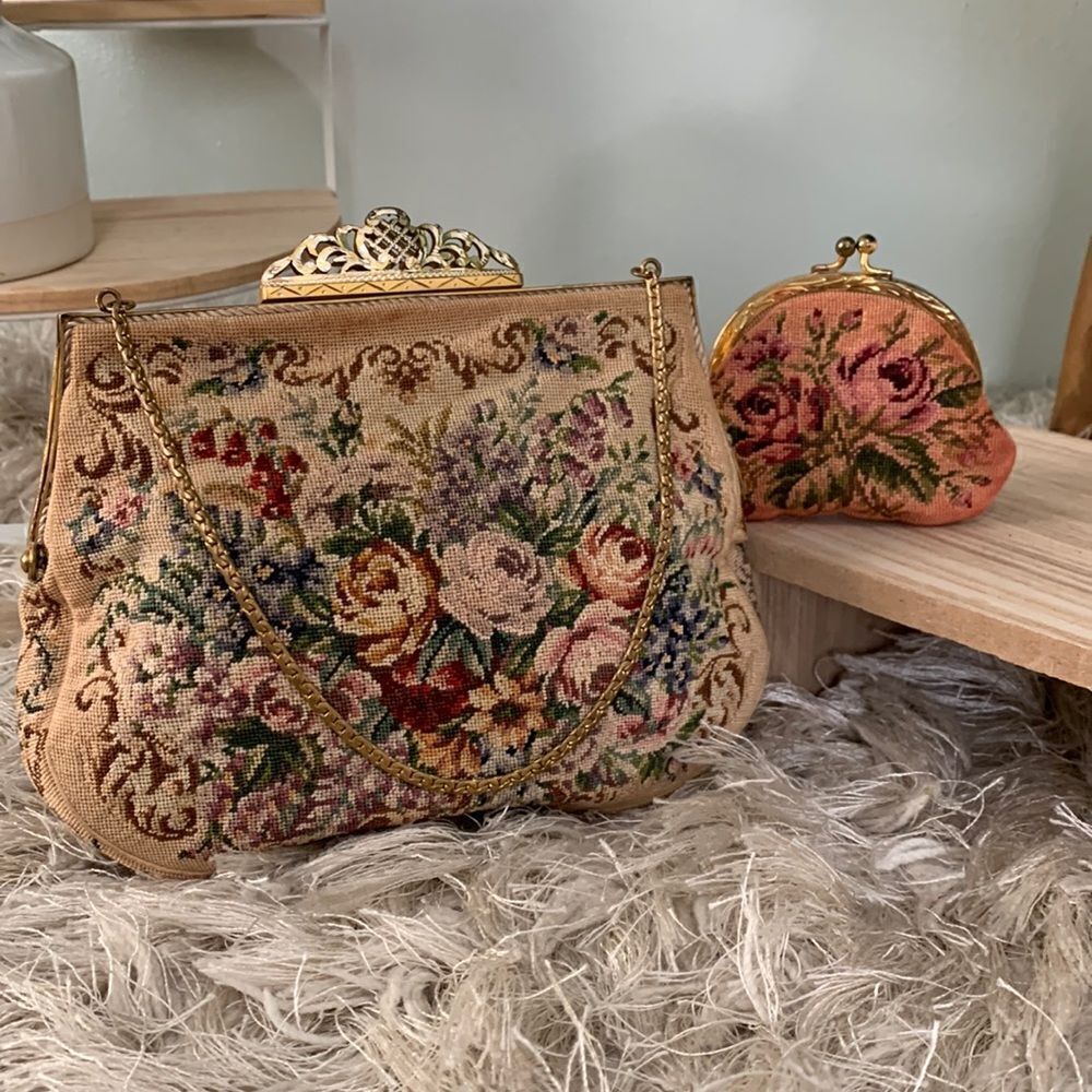 Vintage 1930's Jolles Made In Austria Floral Tapestry Evening Bag And Coin Purse